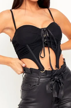 Rebellious Fashion Black Corset Lace Front Crop Top - Huda