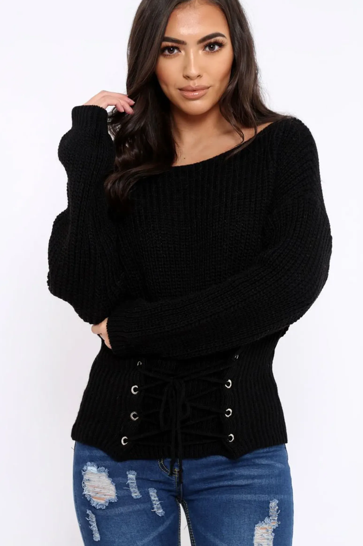 Rebellious Fashion Black Corset Waist Knitted Jumper - Elizabeth