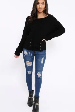 Rebellious Fashion Black Corset Waist Knitted Jumper - Elizabeth
