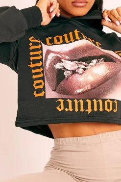 Rebellious Fashion Black Couture Graphic Cropped Hoodie - Camia