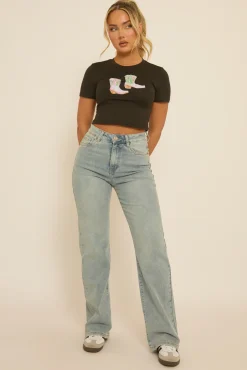 Rebellious Fashion Black Cowgirl Boots Crop Tshirt - Precious