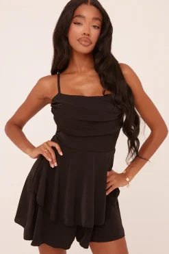Rebellious Fashion Black Cowl Neck Tiered Playsuit - Arden