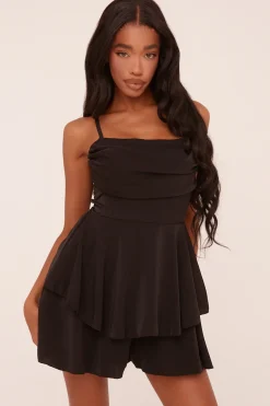 Rebellious Fashion Black Cowl Neck Tiered Playsuit - Arden