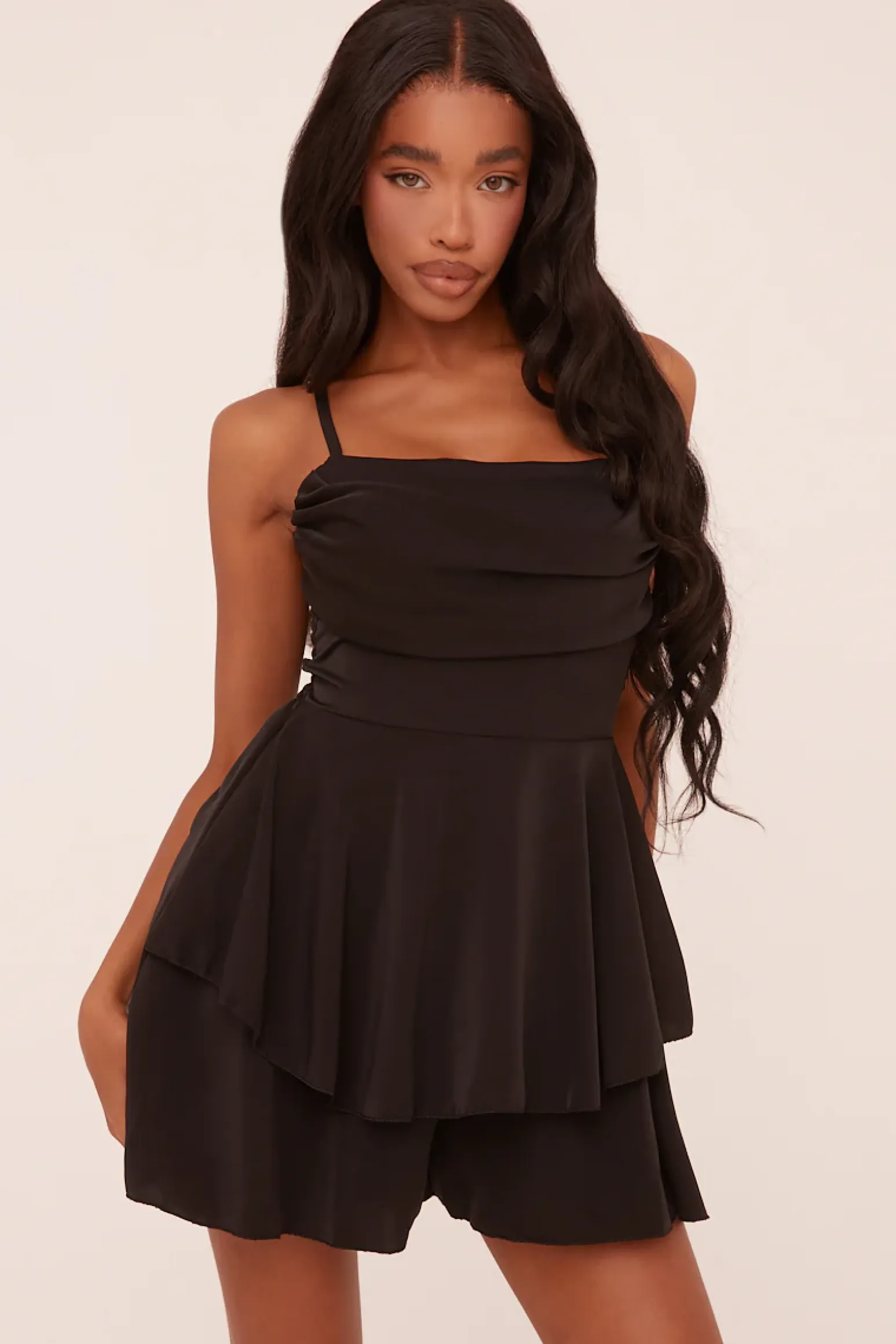 Rebellious Fashion Black Cowl Neck Tiered Playsuit - Arden