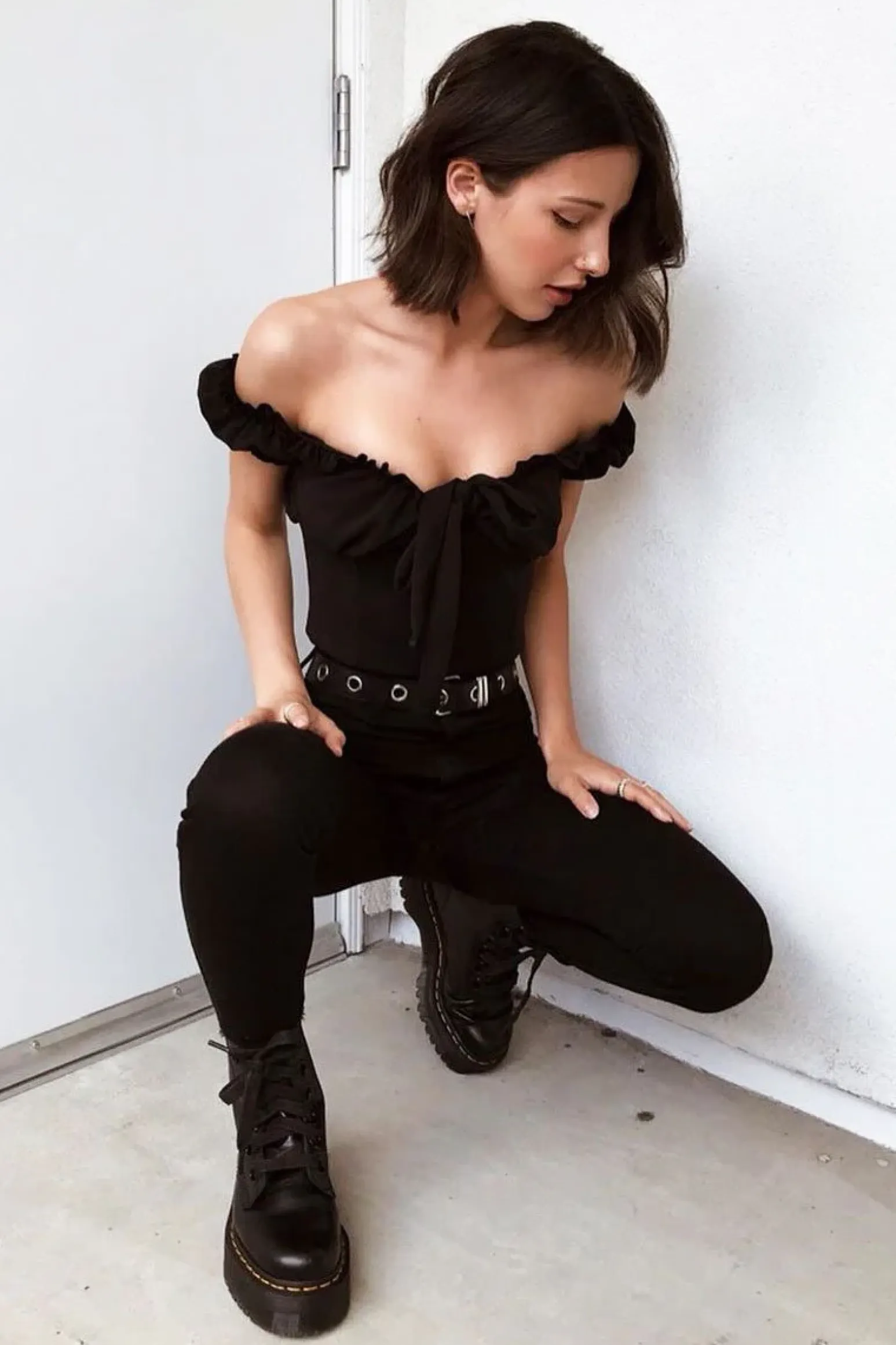 Rebellious Fashion Black Crepe Ruffle Tie Front Bardot Bodysuit - Trixie