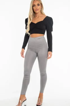 Rebellious Fashion Black Crepe Sweetheart Puff Sleeve Crop Top - Porsha