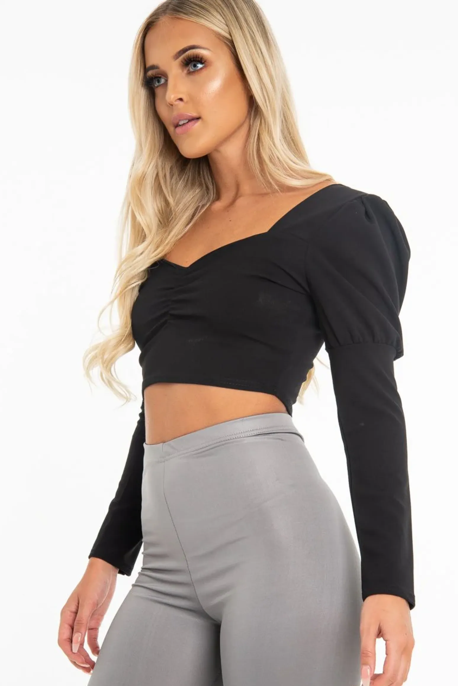Rebellious Fashion Black Crepe Sweetheart Puff Sleeve Crop Top - Porsha