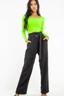 Rebellious Fashion Black Crepe Wide Leg O Ring Belted Trousers - Jaselle