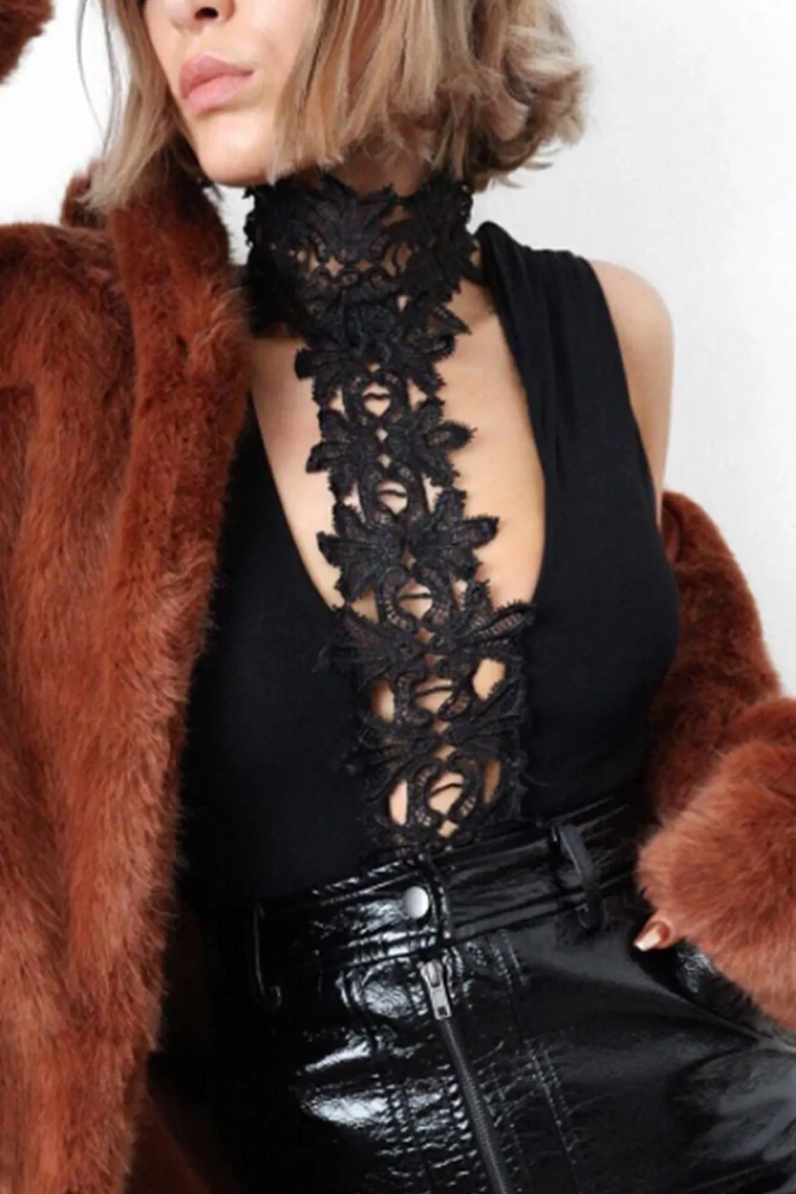 Rebellious Fashion Black Crochet Choker Bodysuit - Tamara