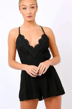 Rebellious Fashion Black Crochet Cross Back Playsuit - Quinn
