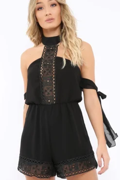 Rebellious Fashion Black Crochet Halter Neck Tie Sleeve Playsuit - Leanne