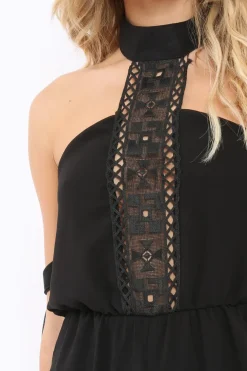 Rebellious Fashion Black Crochet Halter Neck Tie Sleeve Playsuit - Leanne
