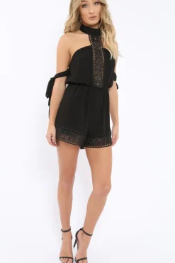 Rebellious Fashion Black Crochet Halter Neck Tie Sleeve Playsuit - Leanne