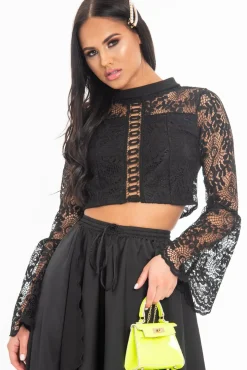 Rebellious Fashion Black Crochet Lace Bell Sleeve Crop Top - Taylor