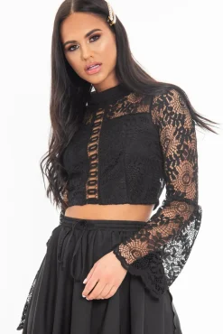 Rebellious Fashion Black Crochet Lace Bell Sleeve Crop Top - Taylor