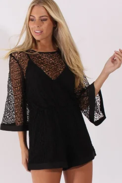 Rebellious Fashion Black Crochet Overlay Playsuit - Philomena