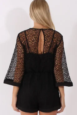 Rebellious Fashion Black Crochet Overlay Playsuit - Philomena
