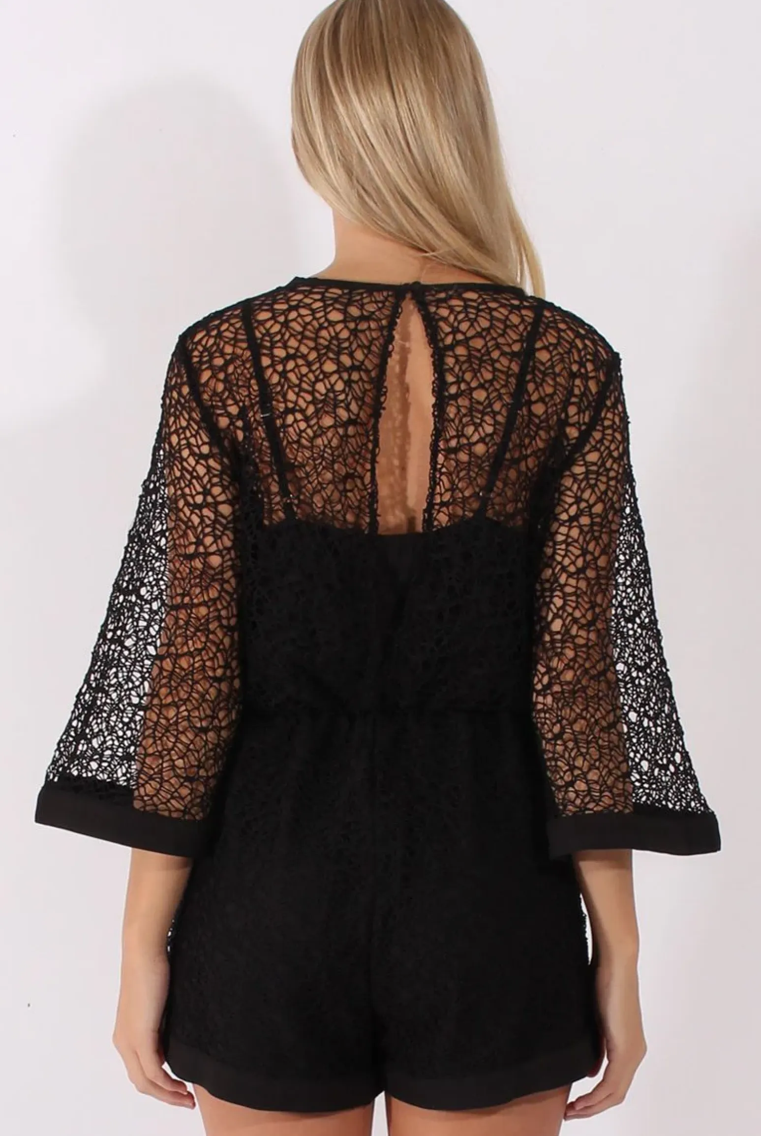 Rebellious Fashion Black Crochet Overlay Playsuit - Philomena