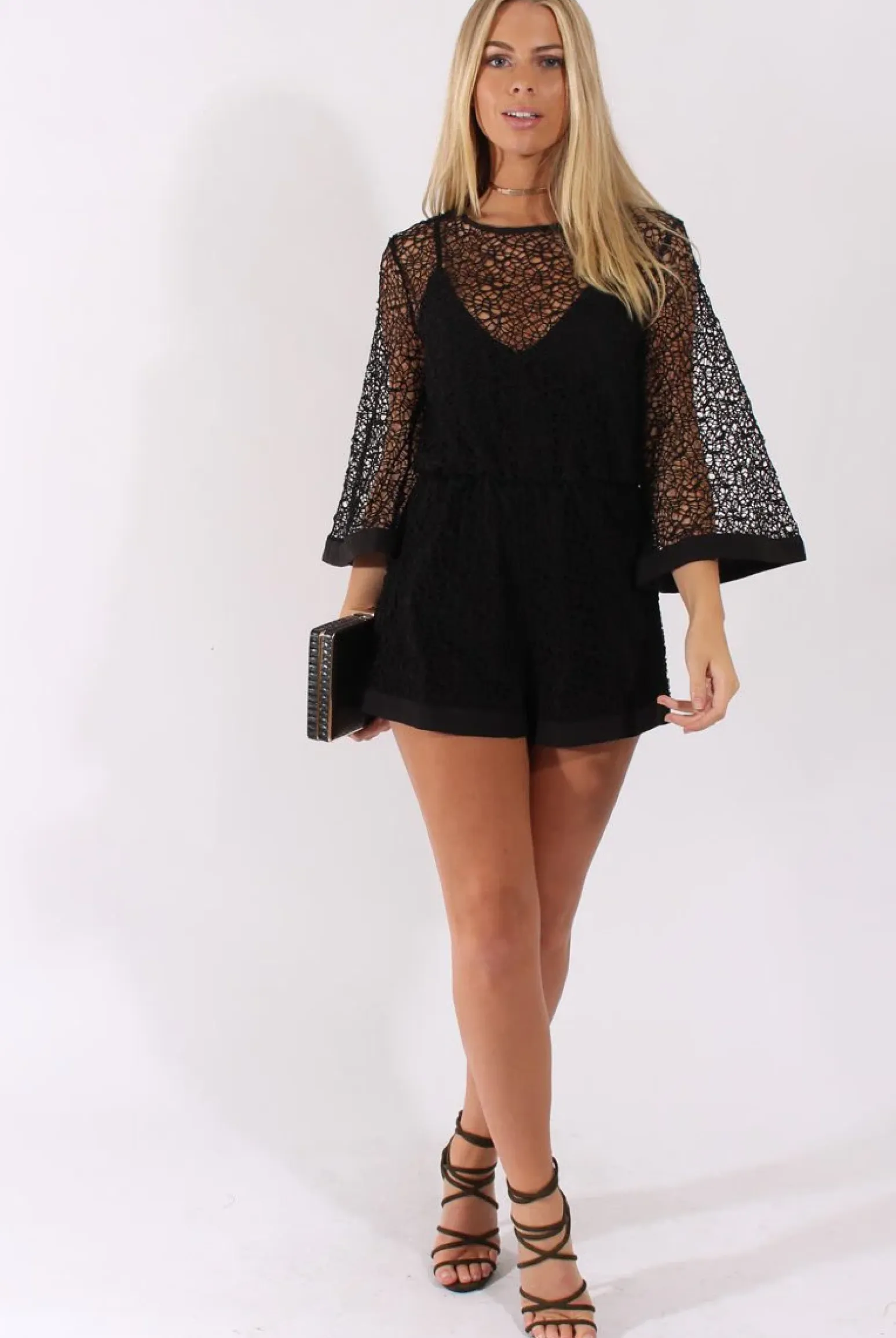 Rebellious Fashion Black Crochet Overlay Playsuit - Philomena