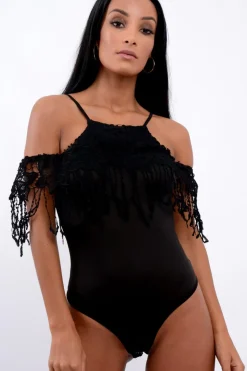 Rebellious Fashion Black Crochet Tassel Bodysuit - Chelsea
