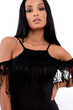 Rebellious Fashion Black Crochet Tassel Bodysuit - Chelsea