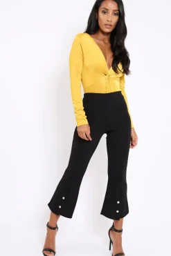 Rebellious Fashion Black Cropped Bell Button Bottom Trousers - Daisie
