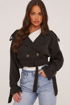 Rebellious Fashion Black Cropped Belted Trench Coat - Naomi