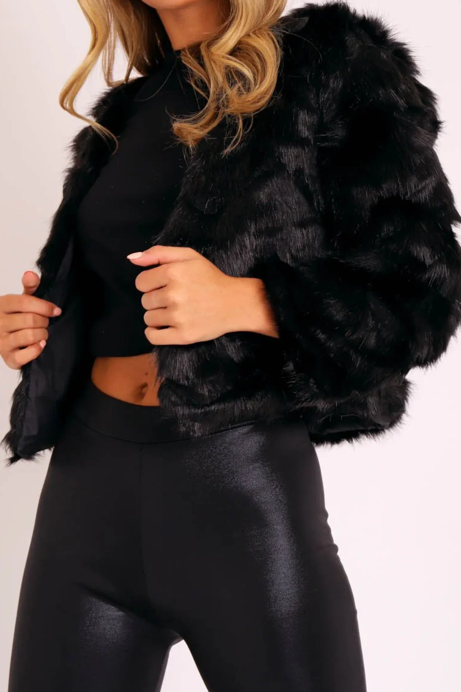 Rebellious Fashion Black Cropped Faux Fur Jacket - Gwen