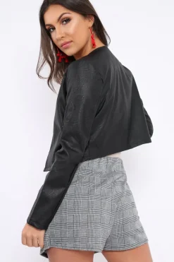 Rebellious Fashion Black Cropped Faux Leather Jacket -Katriel