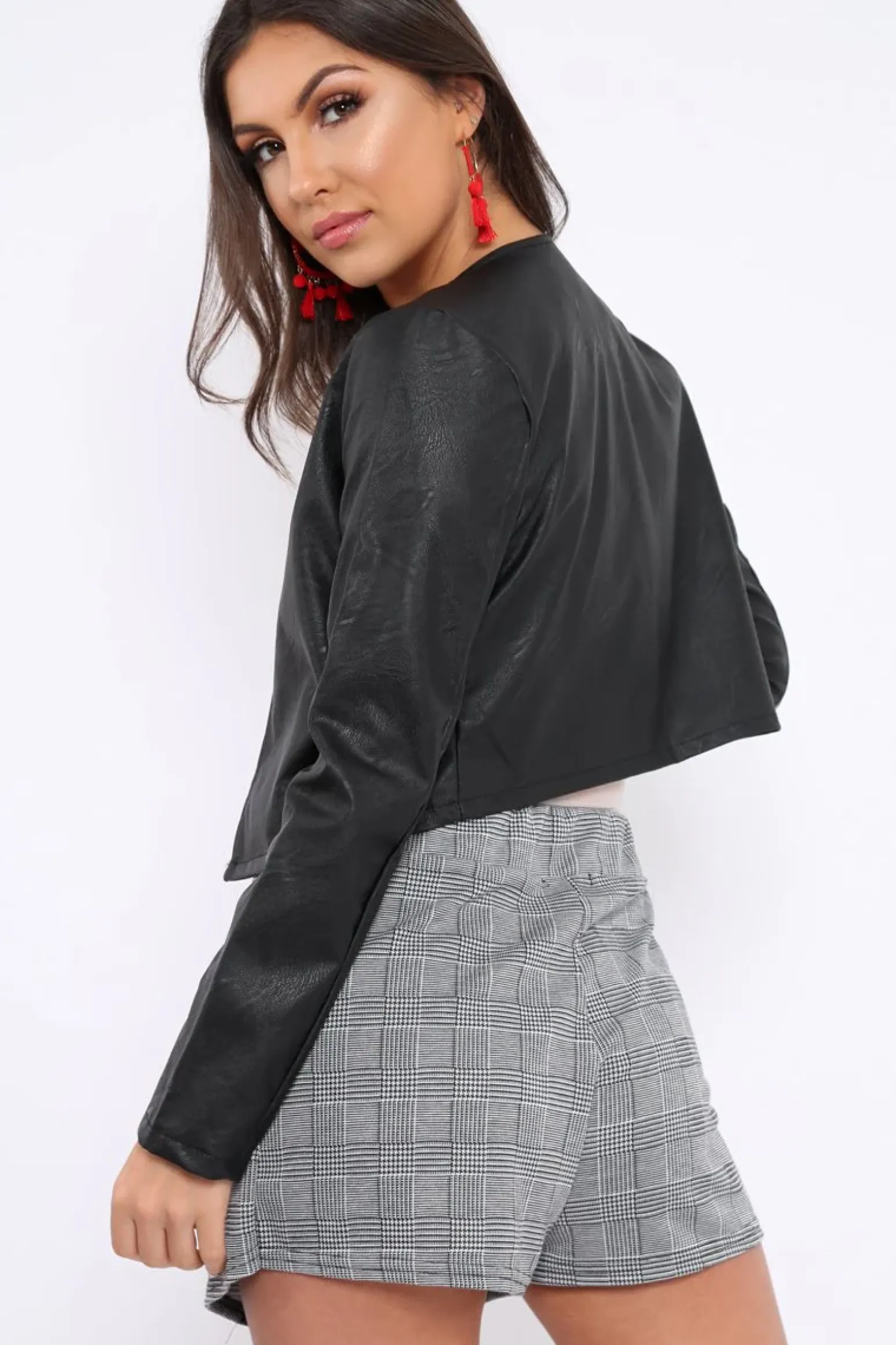 Rebellious Fashion Black Cropped Faux Leather Jacket -Katriel