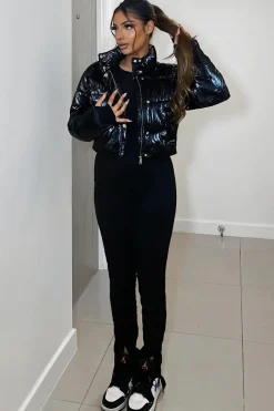 Rebellious Fashion Black Cropped High Shine Puffer Jacket - Alba