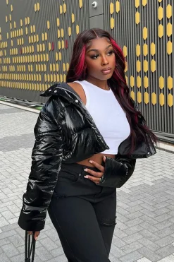 Rebellious Fashion Black Cropped High Shine Puffer Jacket - Alba
