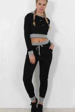 Rebellious Fashion Black Cropped Hooded Loungewear set- Milani
