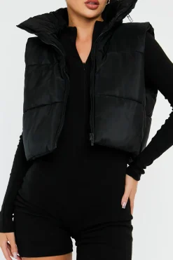 Rebellious Fashion Black Cropped Hooded Puffer Gilet - Chani