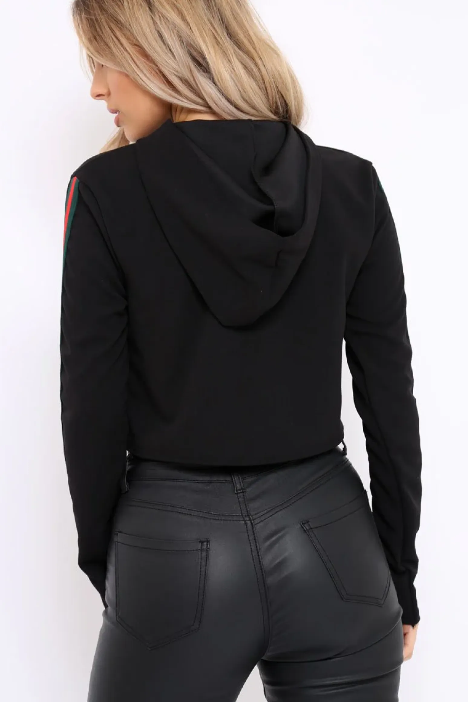 Rebellious Fashion Black Cropped Hoodie with Striped Trim - Essie