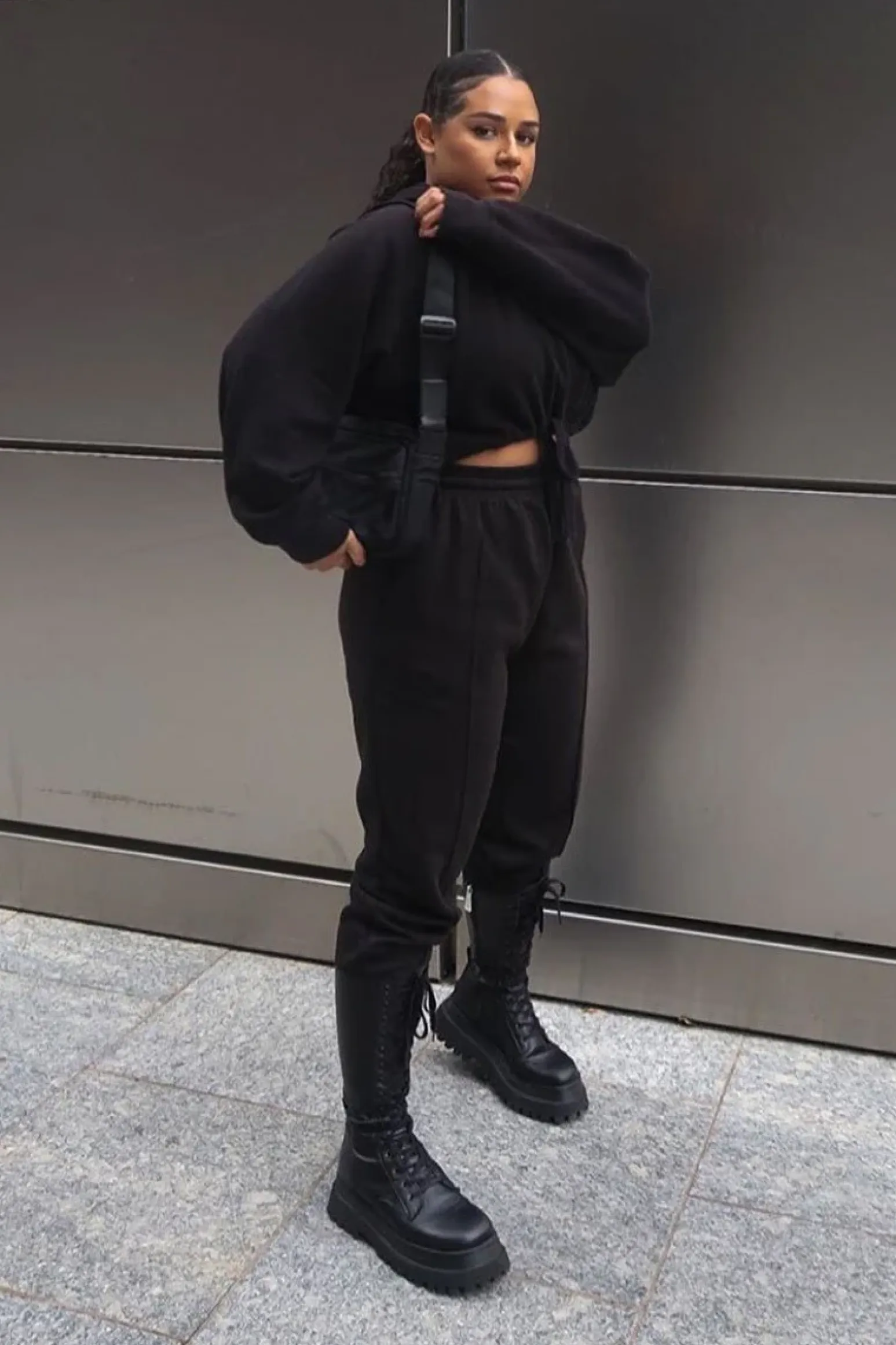 Rebellious Fashion Black Cropped Oversized Hoodie and Joggers Co-ord - Karenza