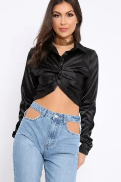 Rebellious Fashion Black Cropped Satin Shirt - Yasina