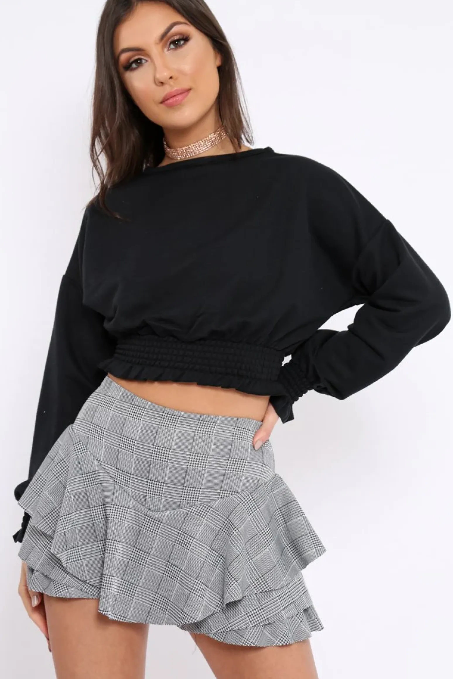 Rebellious Fashion Black Cropped Sweatshirt with Shirred Elasticated Hems - Lillie