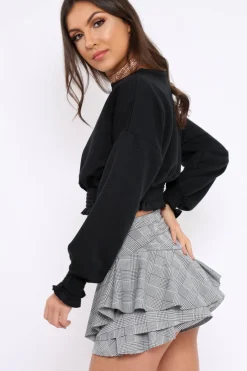 Rebellious Fashion Black Cropped Sweatshirt with Shirred Elasticated Hems - Lillie