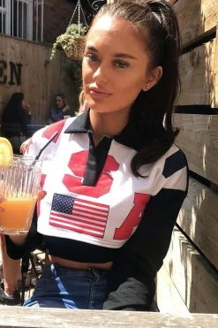 Rebellious Fashion Black Cropped USA Rugby Shirt - Devani
