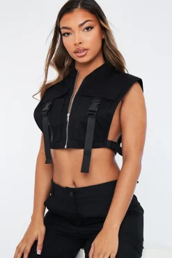 Rebellious Fashion Black Cropped Utility Vest - Reba