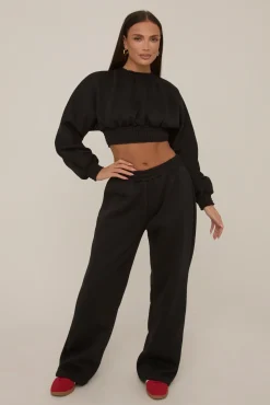 Rebellious Fashion Black Crop Sweater and Wide Leg Jogger Set - Enya