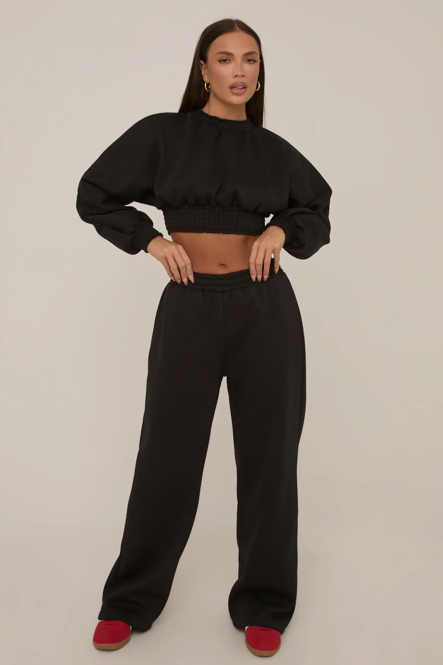 Rebellious Fashion Black Crop Sweater and Wide Leg Jogger Set - Enya
