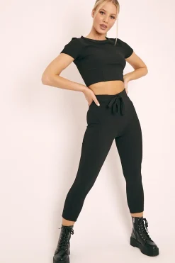 Rebellious Fashion Black Crop Top and Cropped Leggings Loungewear Co-ord - Zarah