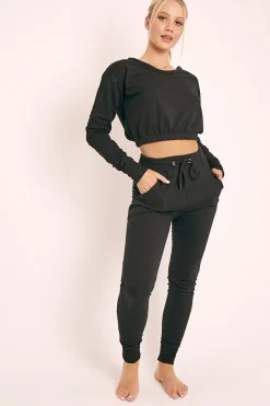 Rebellious Fashion Black Crop Top and Slim Jogger Loungewear Co-ord Set - Suzy