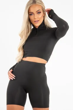 Rebellious Fashion Black Crop Top Cycling Shorts Co-Ord - Cleo