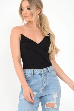Rebellious Fashion Black Cross Over Bardot Bodysuit - Sahari