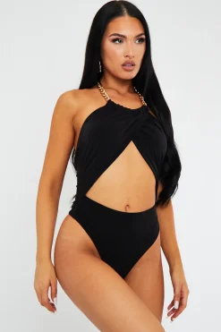 Rebellious Fashion Black Crossover Chain Halterneck Bodysuit - Mariel