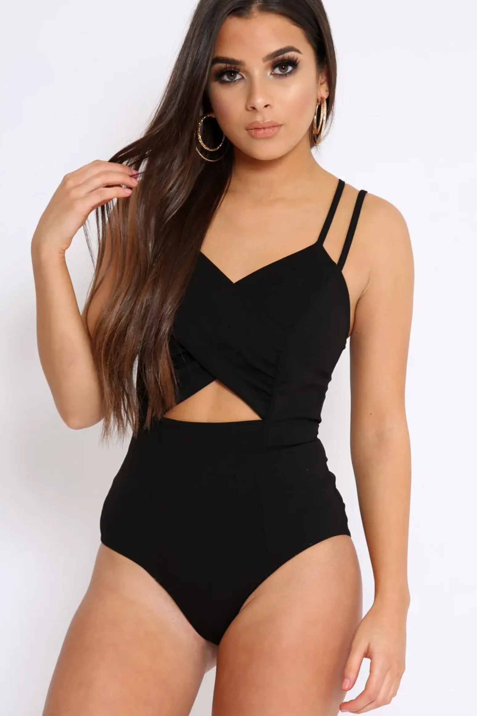 Rebellious Fashion Black Cross Over Cut Out Bodysuit - Safia