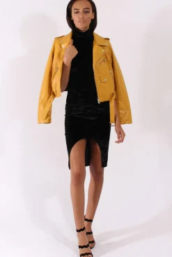 Rebellious Fashion Black Crushed Velvet Front Split Turtleneck Dress - Erin
